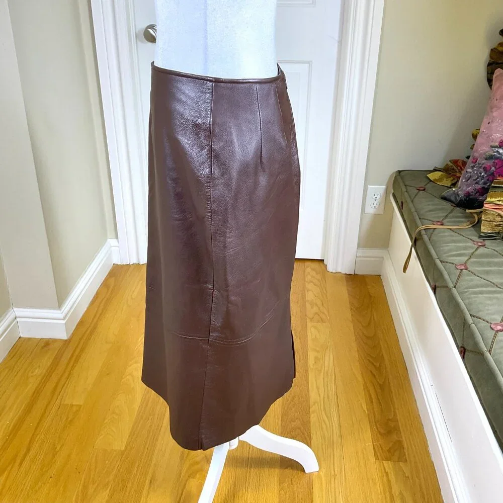 Clio Skirt Leather Midi Chocolate Brown Pencil Y2K (8) - Picture 3 of 8